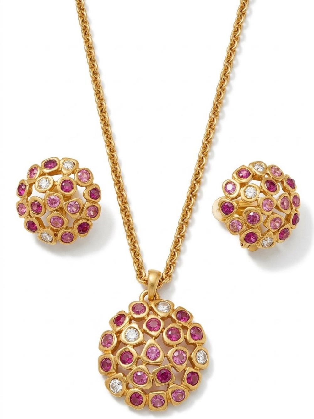 VTG Ivana Trump Signed Pink Crystal Dome Necklace & Clip On Earrings Set 90s